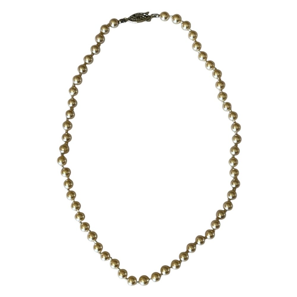 Vintage Faux Pearl Necklace With G Silver Filigree Clasp 16” Length